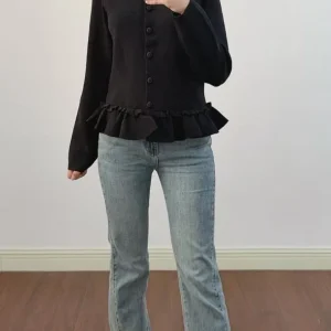 Early Spring Knitted Open Cardigan for Women with Wood ain Ruffle Hemline Vintage Sle Soft Double Knit Top - AliExpress Sweaters&Jumpers