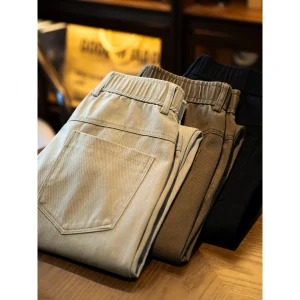 New Pure Cotton Men's Casual Pants Elastic Waist Loose Fit Fce Lined Thi Straight Leg Long Trousers Autumn Winter - AliExpress Pants