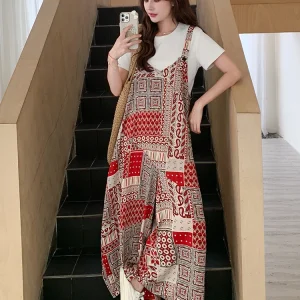 Red National Sle Retro Floral Print One-Piece Pants Women's Summer New Korean Holiday Wide Leg Strap High Waist Long Pants - AliExpress Jumpsuits&Rompers