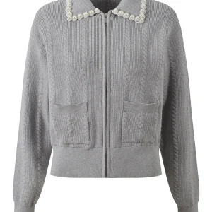 French Sle Knitted Sweater Coat Zipper Collar Long Sve Women's Open Cardigan Knitted Pearl Embellied Twisted Ribbing - AliExpress Sweaters&Jumpers