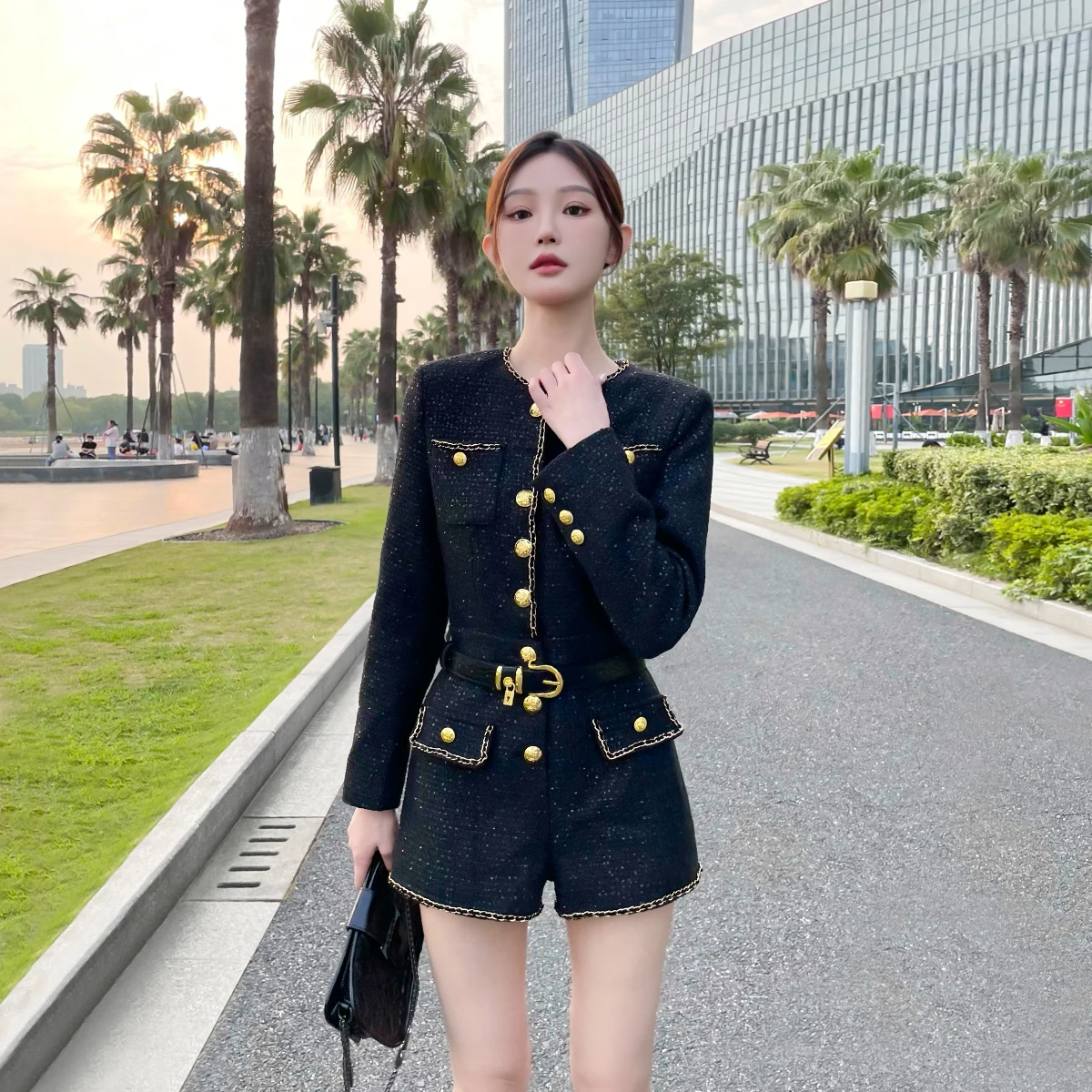 Bla Gold-d One-Piece Pants for Women 2026 Spring Autumn Sle Small Fraance Wind Slim Tweed Metal Button Long Sve ... - AliExpress Jumpsuits&Rompers