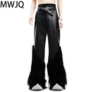 MWJQ Black Furry Patchwork Leather Trousers Male High Street American Slimming Full Length Wide Leg Pants Fashoin Spring 010078 - AliExpress Pants