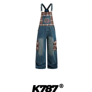 K787 American Retro Plaid Splicing Denim Overalls Loose Slimming Casual Street Wide Leg Long Pants Men Women Casual Pants - AliExpress Pants