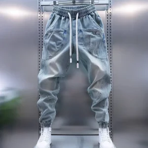 Street Elastic Jeans Men Denim Cargo Pants Wash Solid Color Casual Mid Waist Trousers Slim Fit Daily Wear Joggers 28-36 - AliExpress Pants