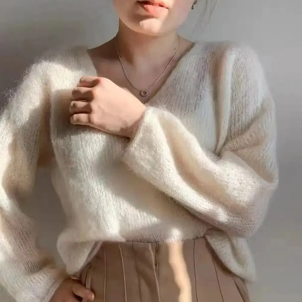 Women's V-neck knitted sweater lightweight top, sexy, lazy and comfortable pullover, hand woven autumn and winter top, new style - AliExpress Sweaters&Jumpers