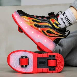 2024 Swivel Button Children LED Light Leather Flame Pattern Shoes Boys Girls Two Wheels Roller Skates Shoes Kids Sports Sneakers - AliExpress Children's Shoes