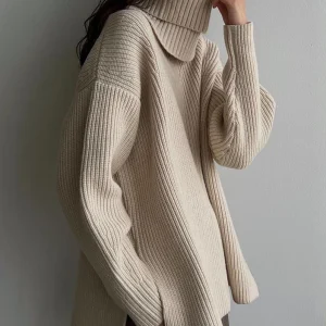 Loose High Neck Knitted Sweater Women's Casual Style Winter Warm Thickened Long Sleeve V-Neck Mixture Fabric Comfortable Top - AliExpress Sweaters&Jumpers