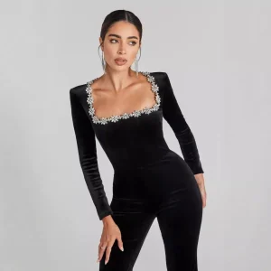 Diamond Embellied Long Sve Flared  Pants Women's Sensual High Waist Polyester Autumn Cross-Border Faion - AliExpress Jumpsuits&Rompers
