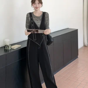 Cool Bla Stitched Bib Overalls Women's Casual Jumpsuit Two-Piece Set High Waist Wide Leg Pants Comfortable Autumn New Arrival - AliExpress Jumpsuits&Rompers
