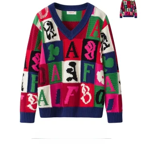 Thiened Pure Cotton V-Ne Spliced Knitted Sweater Women's Pullover Sweater Casual Loose Fit Long Sve Regular Length - AliExpress Sweaters&Jumpers