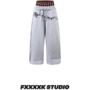 FXK Original American Retro Plaid Patchwork Double Waist fiti Loose Wide Leg Casual Pants Trendy Youth Cotton Polyester - AliExpress Pants