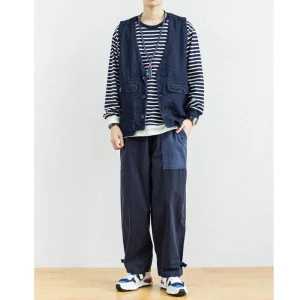 Japanese Style Men's Personalized Color Block Splicing Elastic Waist Loose Women's Bamboo Cotton Casual Pants Trendy - AliExpress Pants