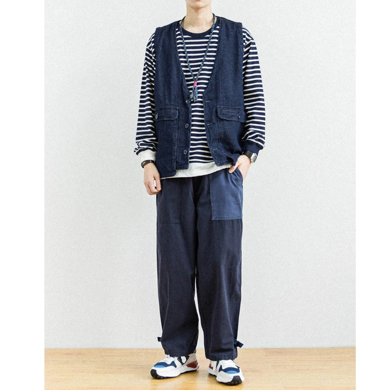 Japanese Style Men's Personalized Color Block Splicing Elastic Waist Loose Women's Bamboo Cotton Casual Pants Trendy - AliExpress Pants