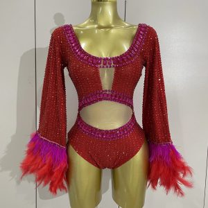 Women Luxury Full Rhinenstones Feather Mesh Long Sleeve Bodysuit Sexy NightclubSinger Dancer Leotard Stage Performance Costume - AliExpress Jumpsuits&Rompers