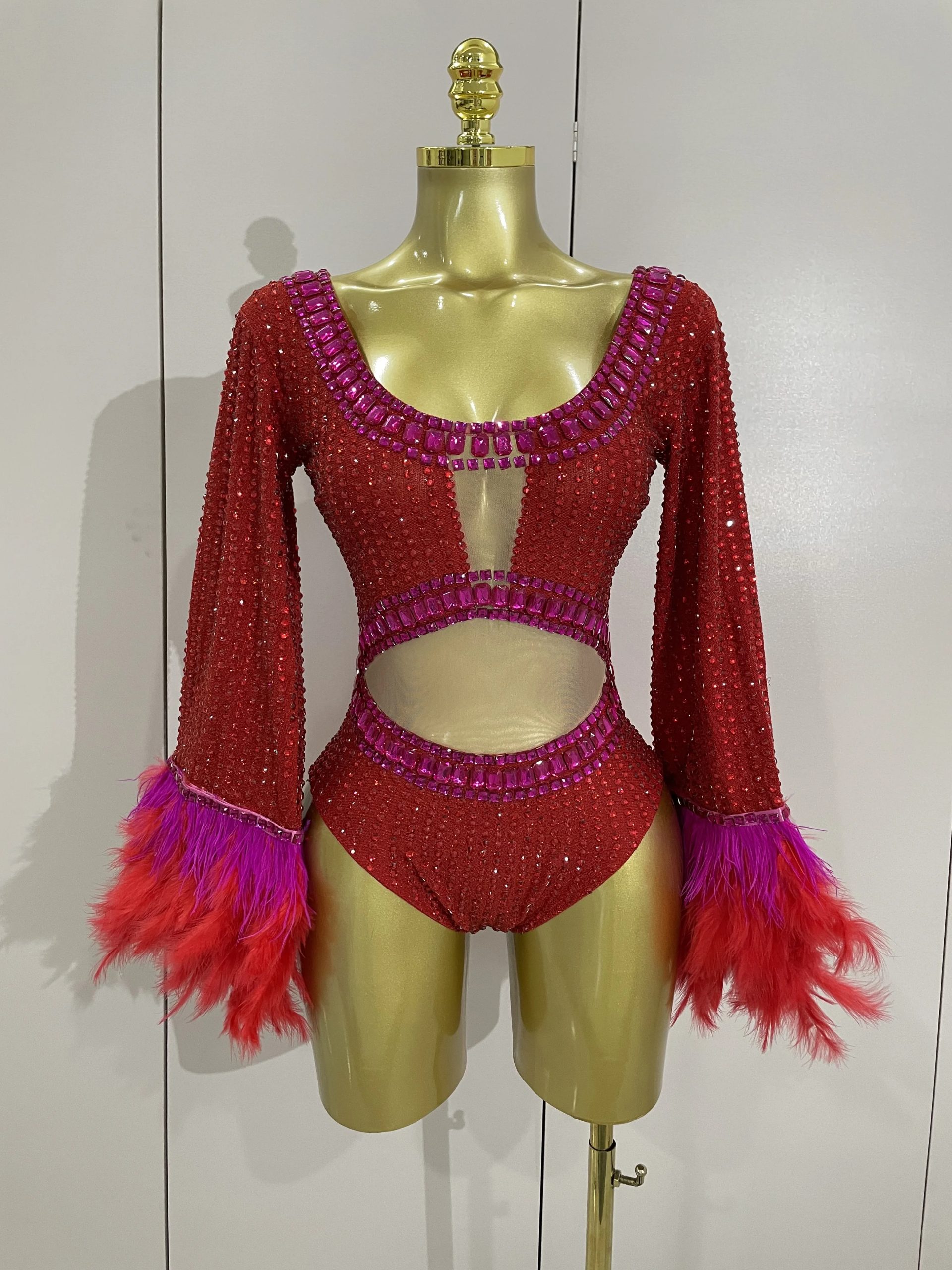 Women Luxury Full Rhinenstones Feather Mesh Long Sleeve Bodysuit Sexy NightclubSinger Dancer Leotard Stage Performance Costume - AliExpress Jumpsuits&Rompers