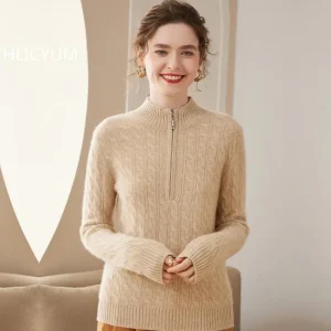 Autumn/Winter Cashmere Sweater Women's Casual Solid Thick Knitted Hoodie Loose Wool Tops Half High Collar Jumper Zipper Blouse - AliExpress Sweaters&Jumpers