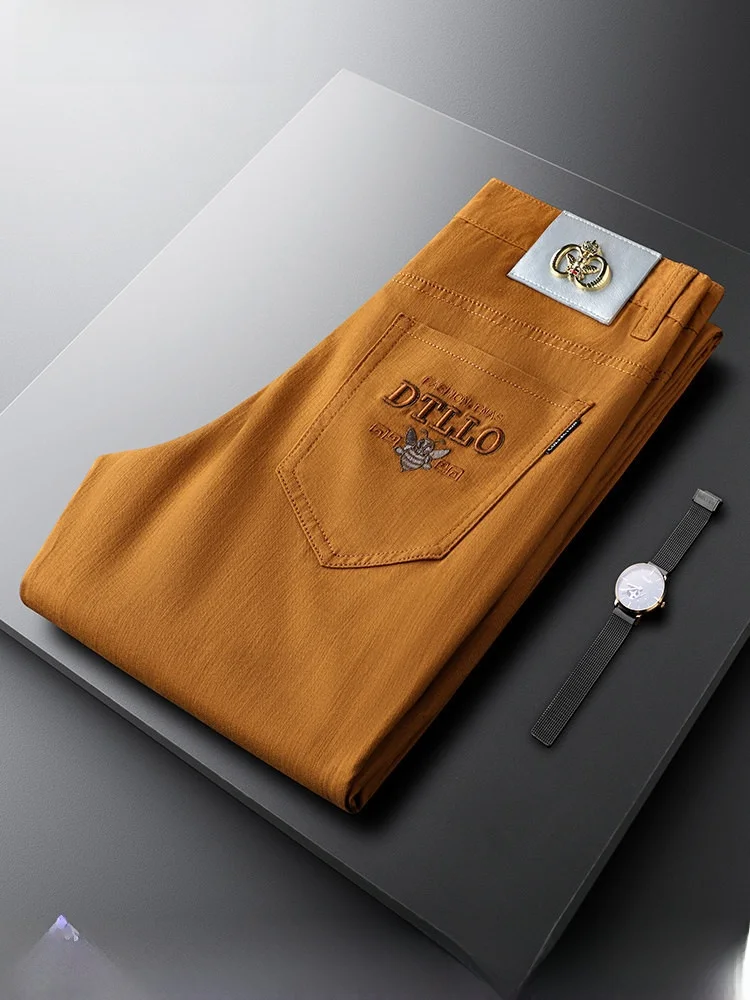 Khaki Embroidered Busin Casual Pants Slim Fit Men's Faionable Leather Tag Pants Autumn Long Straight Tube Trou... - AliExpress Pants