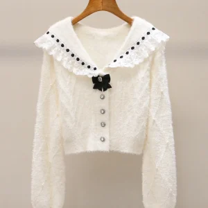 Sweet Doll Collar Knitted Sweater Winter Faion Rhinestone  Knot Diamond id Velvet Feel Women's Long Sve Cardigan - AliExpress Sweaters&Jumpers