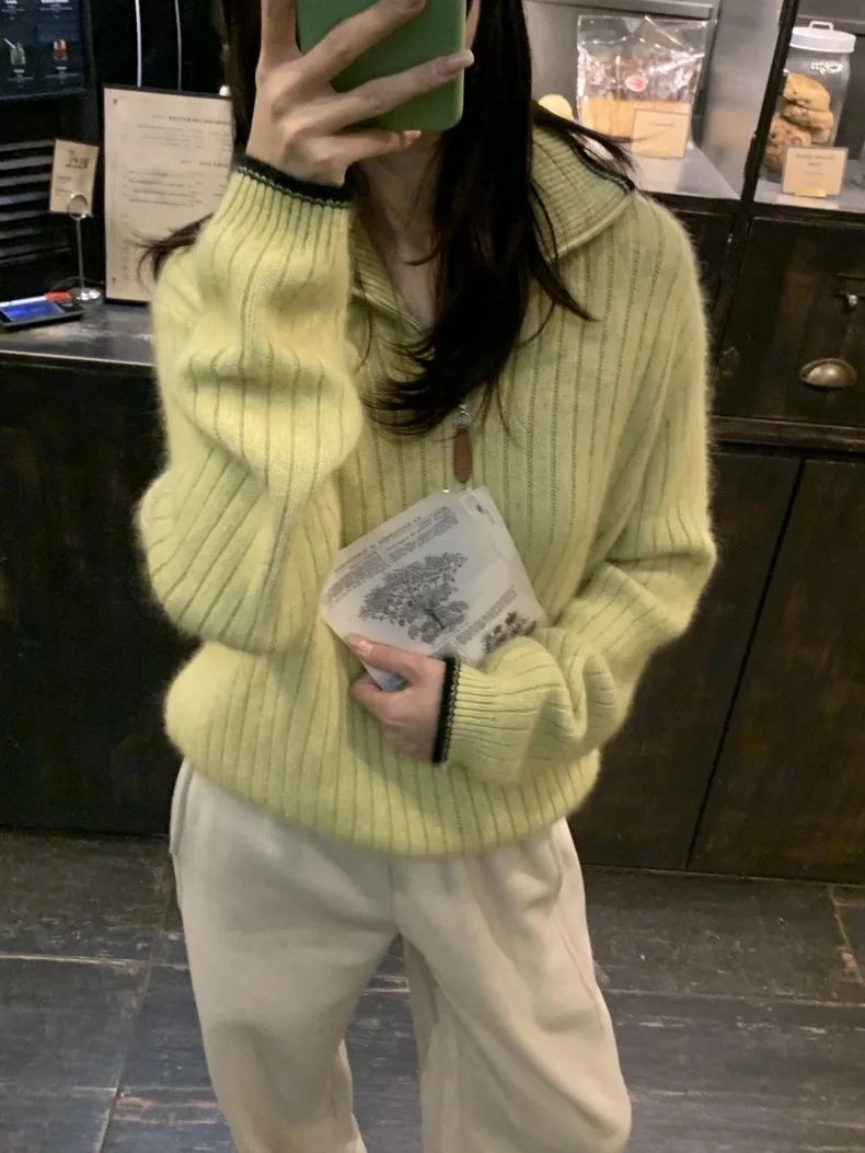 Retro f-Zip Knitwear Women's Soft Vertical Stripe Texture Casual Lazy Top Sle Loose Fit Long Sve Winter irt - AliExpress Sweaters&Jumpers