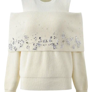 Ele round Ne oulder Bared Knitted Sweater Diamond Decorated Fake Two-Piece Sli Autumn Winter New Arrival Commute ... - AliExpress Sweaters&Jumpers