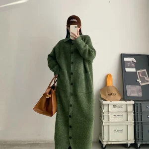 SunYeo een Collar Lazy Long Sweater Cardigan Women's Winter Korean Loose Casual Sweater Dr Thiened Mid-Length Loose Fit - AliExpress Sweaters&Jumpers