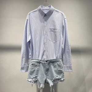2025 summer new lapel blue striped patchwork denim jumpsuit fake two jumpsuits for women - AliExpress Jumpsuits&Rompers