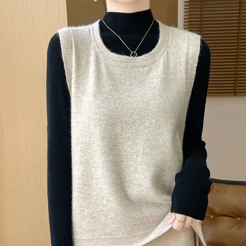 2024 Autumn and Winter New Dropshipping Wool Crew Neck Split Design Sense Waistcoat Women's Sleeveless Vest - AliExpress Sweaters&Jumpers