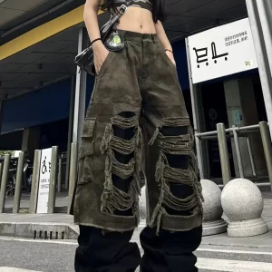 American Style Retro Army Green Camouflage Hole Fake Two Pieces Design High Street Unisex Hip Hop Contrast Color Cargo Pants - AliExpress Pants