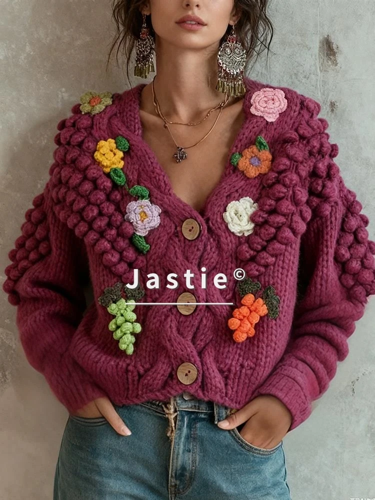 Hand-crochet Chunky Cardigan Sweater Thick Warm Knitted 3D Ball Grape Motifs Vintage Bohemian Winter Sweater Coat - AliExpress Sweaters&Jumpers