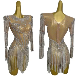 Sparkly Rhinestone Chains Tassel Sheer Mesh Bodysuit Sexy Stage Dance Catsuit Night Party Wear Ladies Latin Dance Outfit Yixing - AliExpress Jumpsuits&Rompers