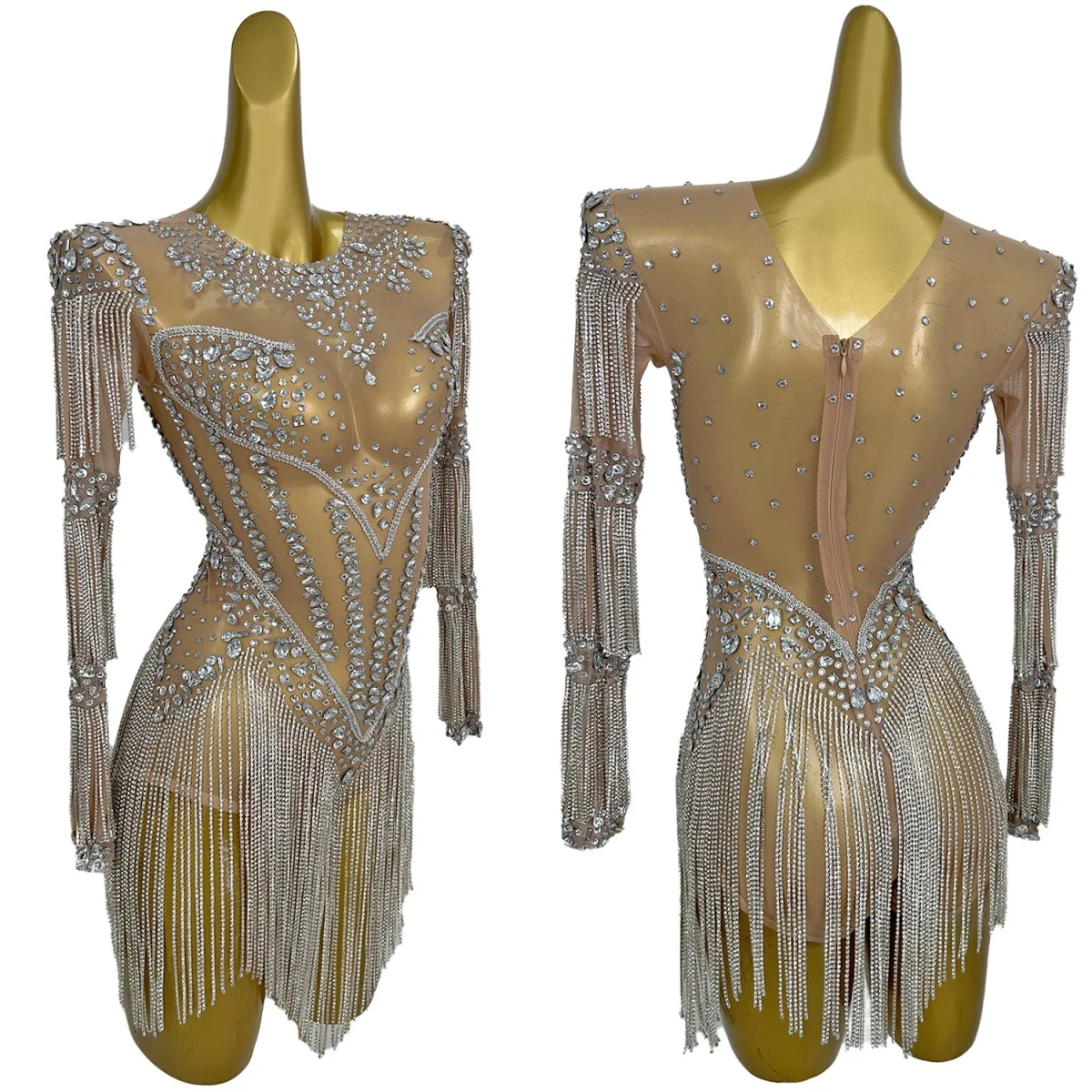 Sparkly Rhinestone Chains Tassel Sheer Mesh Bodysuit Sexy Stage Dance Catsuit Night Party Wear Ladies Latin Dance Outfit Yixing - AliExpress Jumpsuits&Rompers