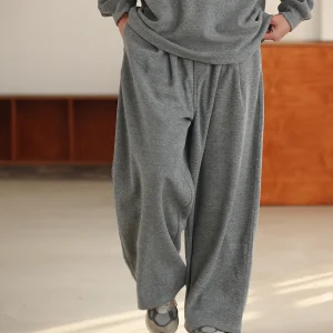 Noears Japanese Sle Light ey Knitted Sweatpants Loose Towel Cloth Elastic Waist Wide Leg Floor Length Trendy Casual Pants - AliExpress Pants