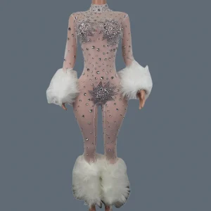 Women Feathers Sparkly Crystal Sexy Mesh See Through Bodycon Jumpsuits Nightclub Birthday Party Show Costume Stage Wear Guibin - AliExpress Jumpsuits&Rompers
