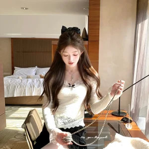 Acaine Pure Heart White V-Ne Lace Velvet Diamond Embellied Base irt Women's Winter Layering Slim Fit Top Ele Sle - AliExpress Sweaters&Jumpers