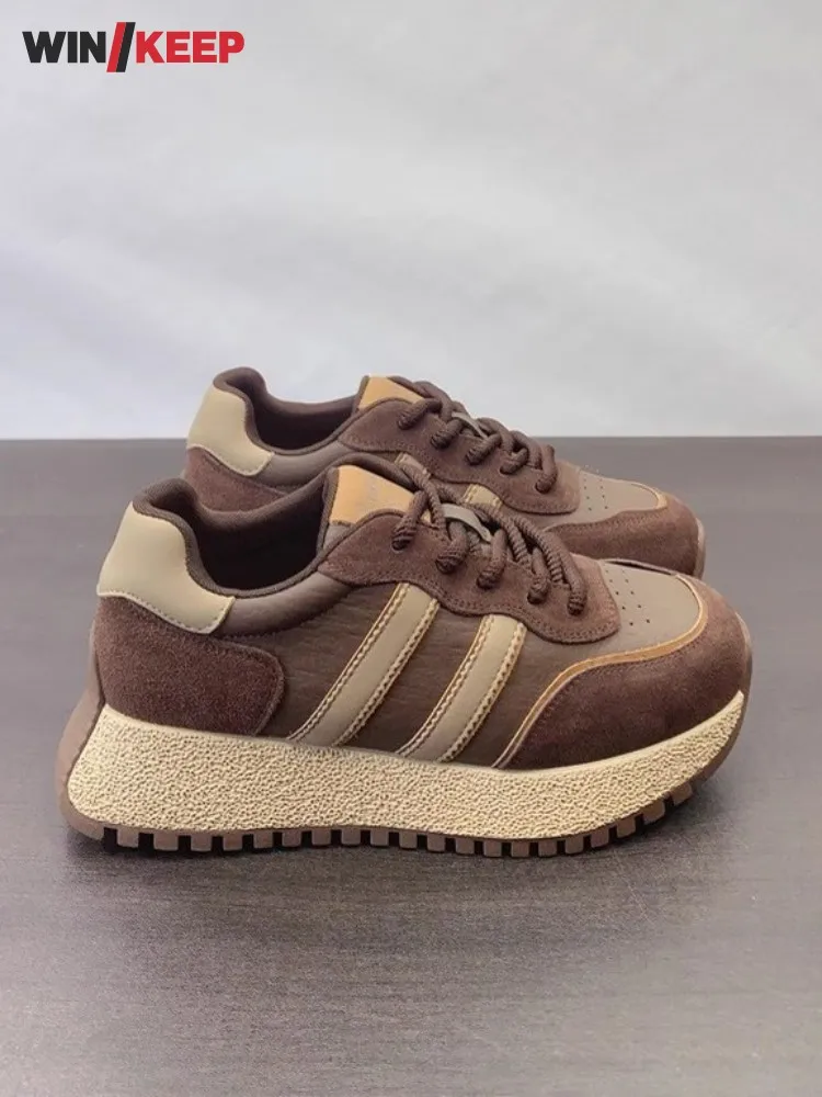 Vintage Spliced Genuine Leather Sneakers Comfortable Breathable Thick Bottom Running Sports Shoes Lace Up Walking Jogging Shoes - AliExpress Sneakers