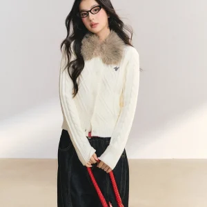 FPMZ Collaborative Vintage Knitted Sweater with Detachable Fur Collar Slim Fit Twist Flower Design Open Cardigan for Women - AliExpress Sweaters&Jumpers