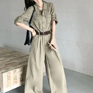 Spring Autumn Women Khaki Cargo Rompers Lapel Single Breasted Wide Leg Pants High Waist Loose Fit New Casual Vintage Jumpsuits - AliExpress Jumpsuits&Rompers