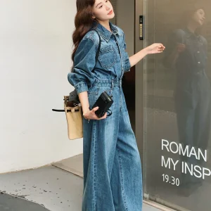 Retro Denim One-Piece Pants High Waist Slimming Commute Women's Ele Long Pants Spring New Sle Versatile Wide Leg Pants - AliExpress Jumpsuits&Rompers