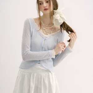 Original Artist Baby Blue And White Lace Hollow out Knitted Top French Sle Soft Polyester Long Sve round Ne Pullover - AliExpress Sweaters&Jumpers