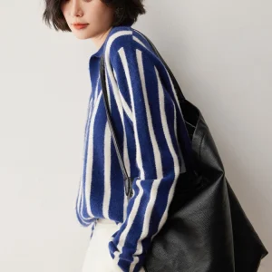 Classic Blue White striped Women's 100% Cashmere Pullovers Polo Collar Sweater Autumn Winter Loose Simple Long Sleeve Knitwear - AliExpress Sweaters&Jumpers