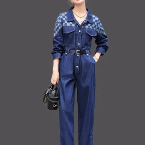 Women's Denim Jumpsuit Spring Autumn High Waist Straight Leg Cotton Blend Workwear Sle Belted kets Long Pants - AliExpress Jumpsuits&Rompers