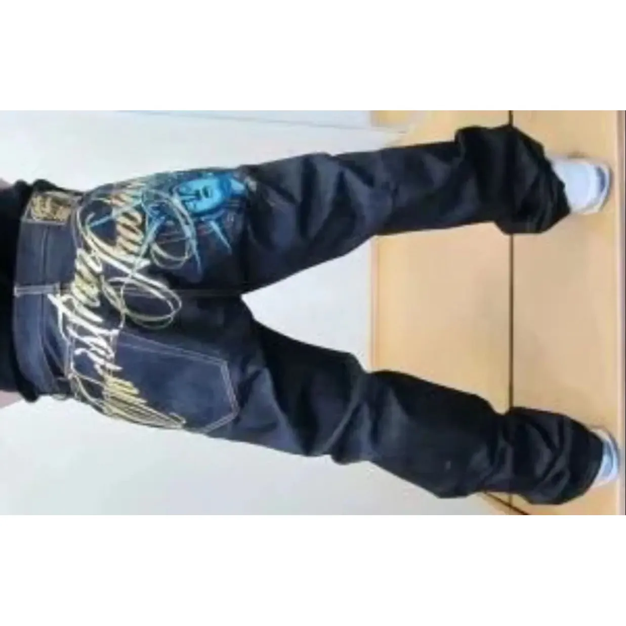 Y2K American New Pattern Embroidery Baggy Jeans High Waist Men's Casual Straight Leg PVC Fabric Clean Fit Neutral Sle - AliExpress Pants