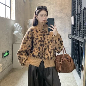 High-End Vintage Stand Collar Leopard Print Open Cardigan Sweater Women's Loose Knittedwear Warm Autumn Outerwear with Fur Co... - AliExpress Sweaters&Jumpers