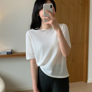 Essential Style! Thin round Neck Knitted Top Acetate Cashmere Lyocell Blend Versatile Simple Loose Fit Short Sleeve Pure Color - AliExpress Sweaters&Jumpers