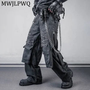 MWJLPWQ Niche Style Functional Workwear Wide-Leg Pants For Men Distressed Holes Multiple Pockets Zipper Chain Trousers 14255 - AliExpress Pants