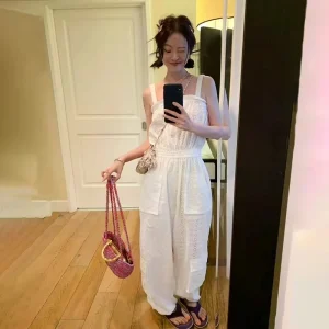 Faionable White Cotton One-Piece Pants High Waist Hollow out Embroidery Straight Leg Summer Street Sle Seoul Snapba - AliExpress Jumpsuits&Rompers
