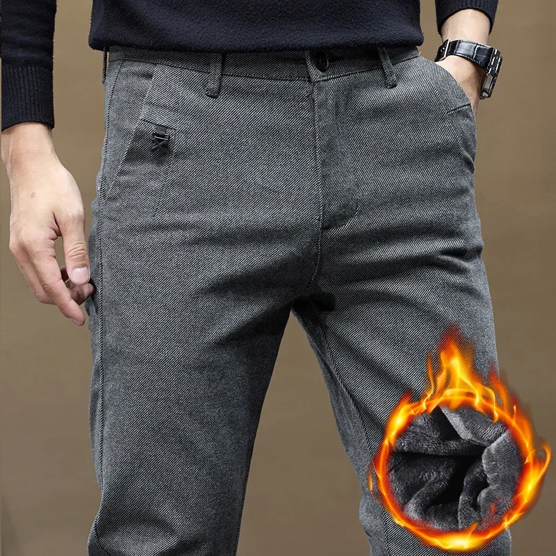 New Winter Fleece Thick Casual Pants Men's Clothing Slim Stretch Business Fashion Fleece Pants Soft Solid Color Plush Trousers - AliExpress Pants
