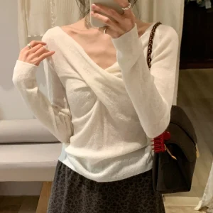 BRIVIN Women's White Alpaca Wool V-Ne Knitwear Slim Fit Base Layer Top Winter Faion Casual Sle Long Sve Regular Length - AliExpress Sweaters&Jumpers
