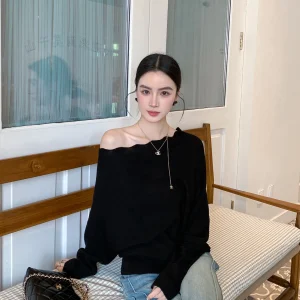 Binguo Women's Knitted One-oulder Sweater Spring 2026 Casual Sle Comfortable Breathable Long Sve High Waist Design - AliExpress Sweaters&Jumpers