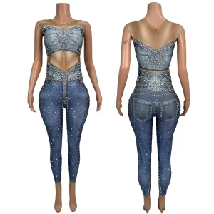 Silver Rhinestone Printing Sparkly Jumpsuit Carnival Party Sexy Spandex Outfit Club Stage Show Tight Fitting Jumpsuit Liuliku - AliExpress Jumpsuits&Rompers